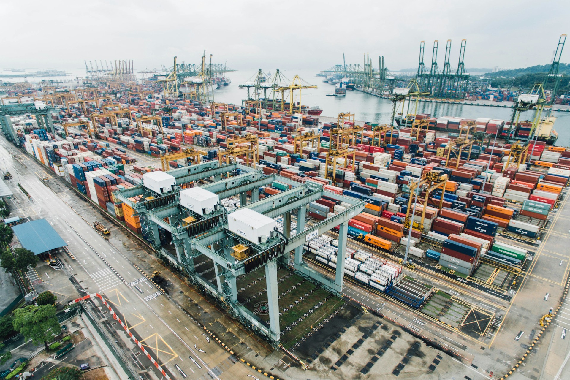 Aerial view of a busy international container port